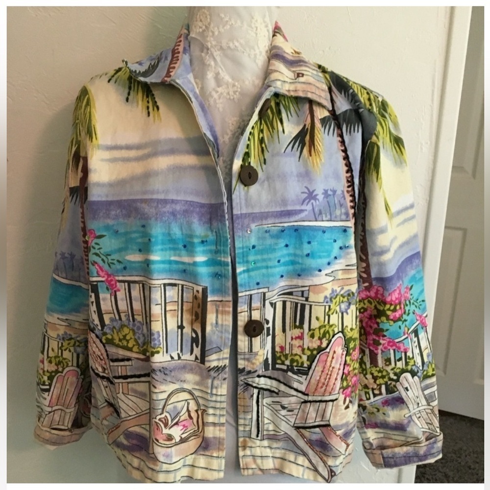 Life Style Vintage 90s Tropical Beaded Denim Jacket Large
